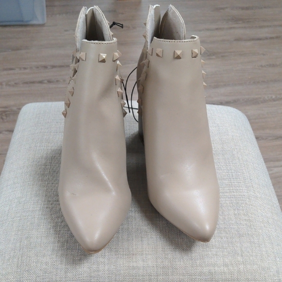 Shoes - Cream Stiletto Ankle Boots with Gold Studs